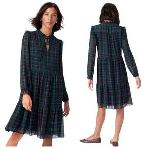 J.Crew Tie-neck tiered dress Black Watch tartan plaid women’s S Tall holiday